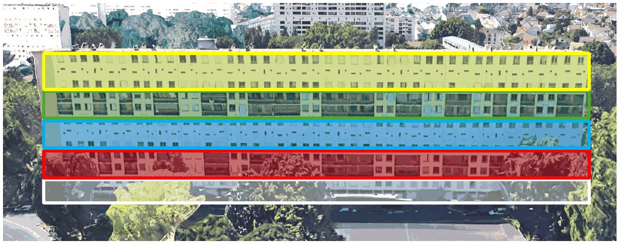 Façade du bâtiment avec les cinq galeries colorées